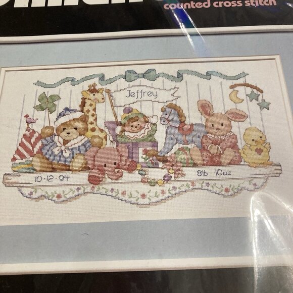 New Dimensions Toy Shelf Birth Record Baby Counted Cross Stitch Kit 1992 #3729 - Picture 2 of 3